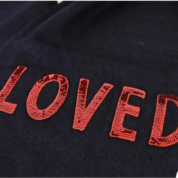 GUCCI WOMEN'S MIDNIGHT BLUE SILK / CASHMERE LONG SCARF WITH RED SEQUIN "LOVED - Picture 3 of 4